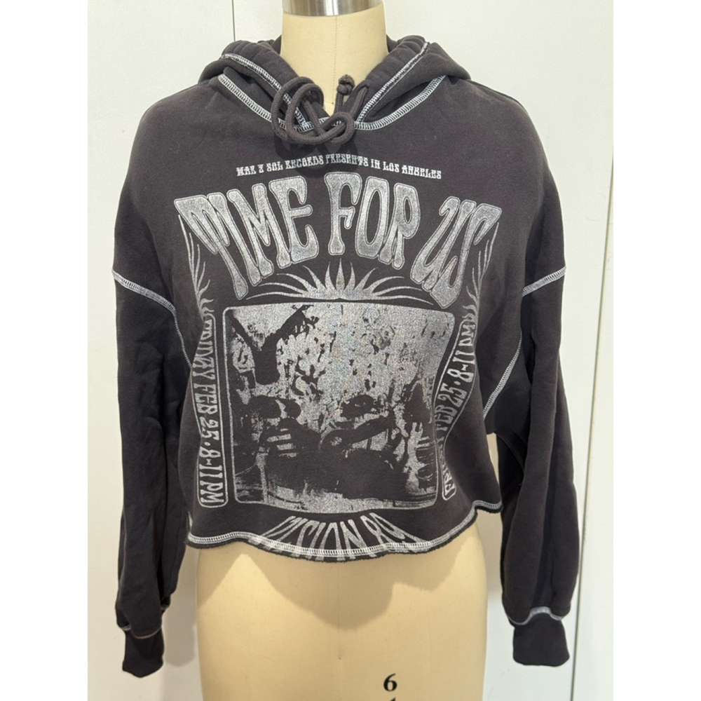 Women's Hollister Gray white “Time For Us” Graphic Hoodie Size M cropped